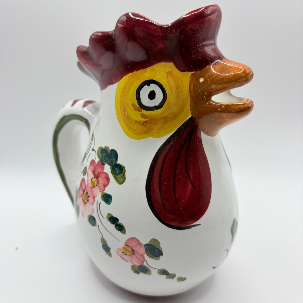 Deruta Italy Hand Painted Rooster Floral Ceramic Pitcher Creamer Farmhouse Decor